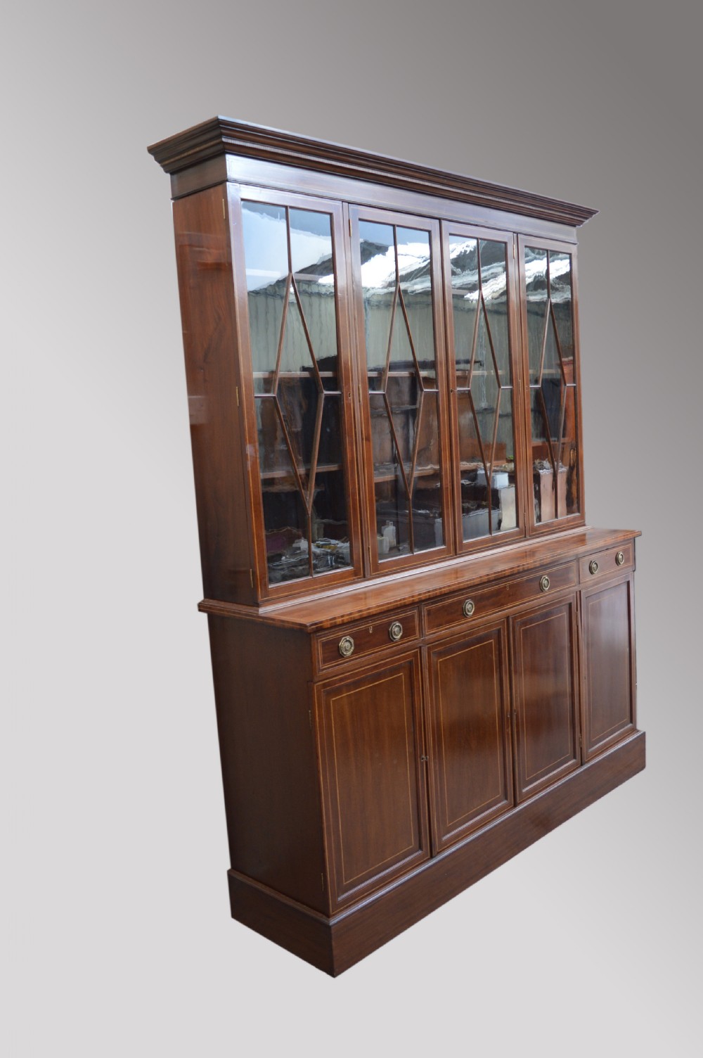Large Antique mahogany four door library bookcase  View II