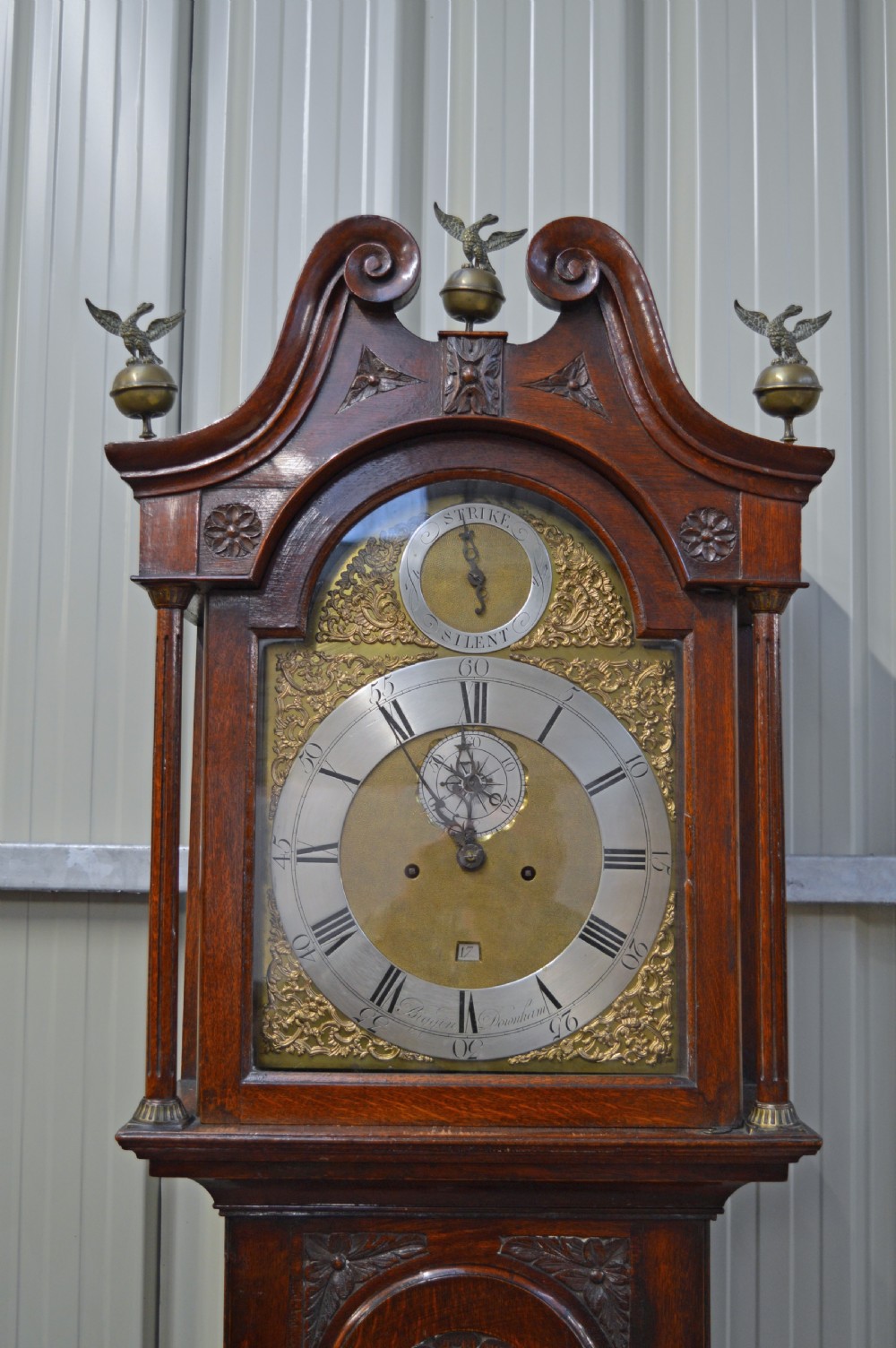 18th century carved oak grandfather clock by Biggin Downham  View II