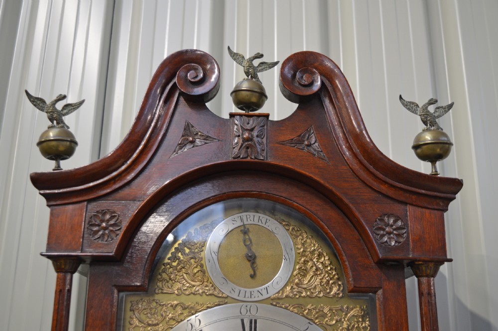 18th century carved oak grandfather clock by Biggin Downham  View III