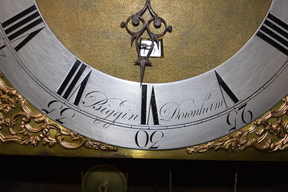 18th century carved oak grandfather clock by Biggin Downham  View VI