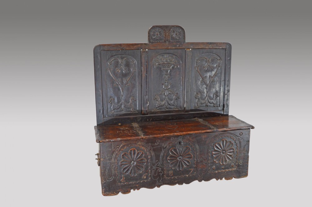 17th century carved oak marriage box settle 