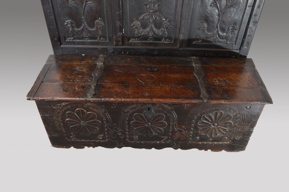 17th century carved oak marriage box settle  View III