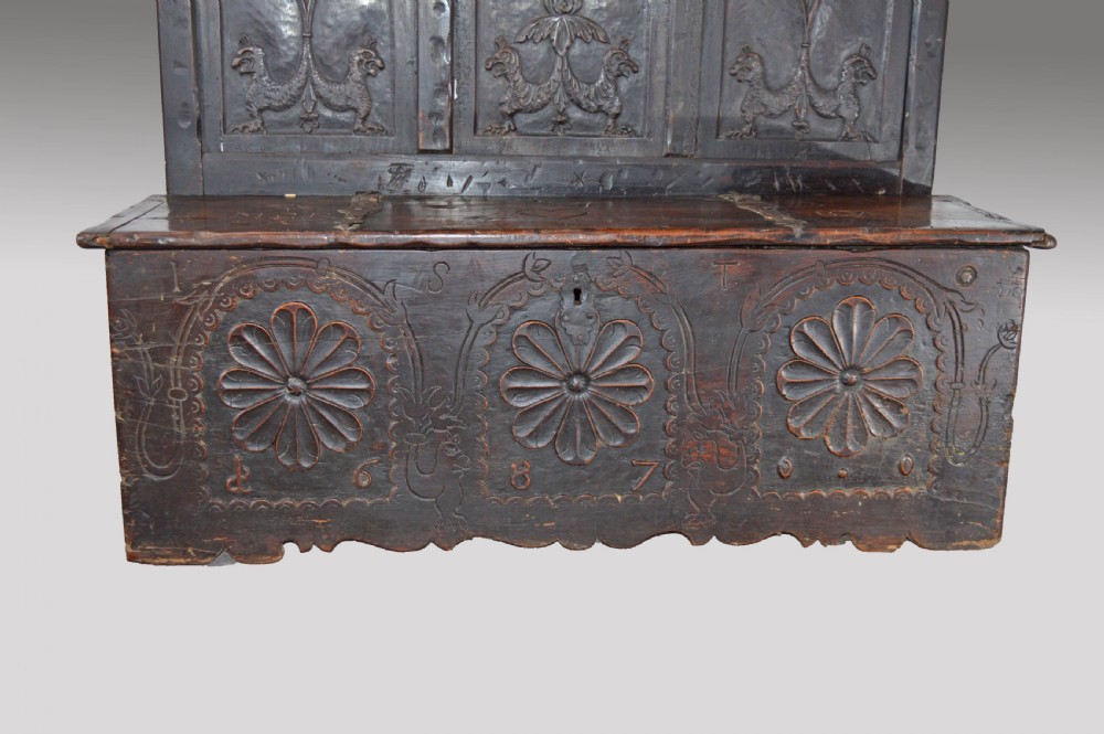 17th century carved oak marriage box settle  View V