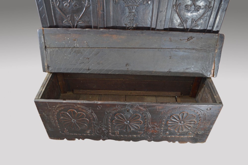 17th century carved oak marriage box settle  View VI
