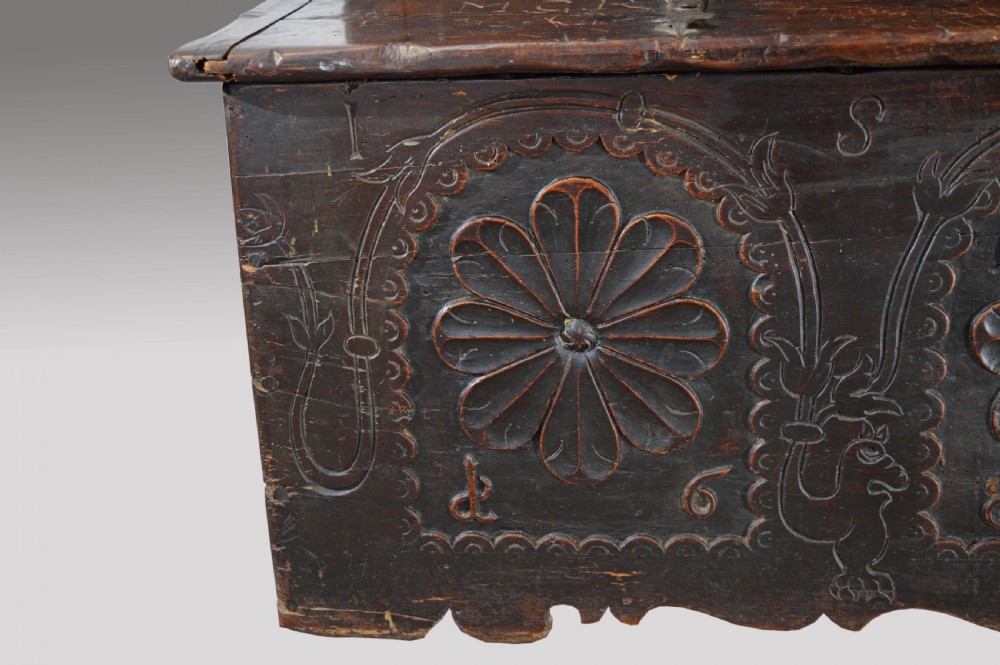 17th century carved oak marriage box settle  View VII