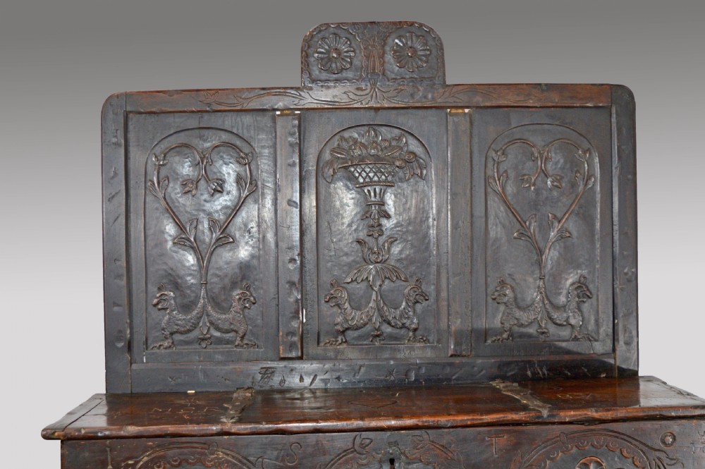 17th century carved oak marriage box settle  View VIII