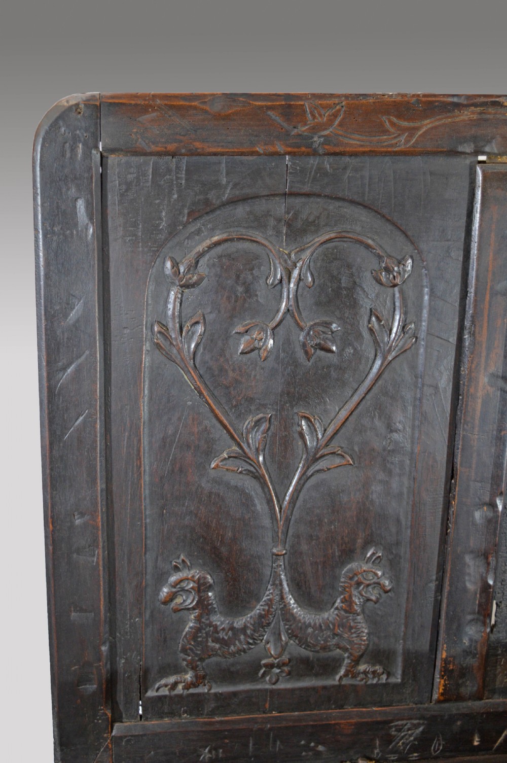 17th century carved oak marriage box settle  View IX