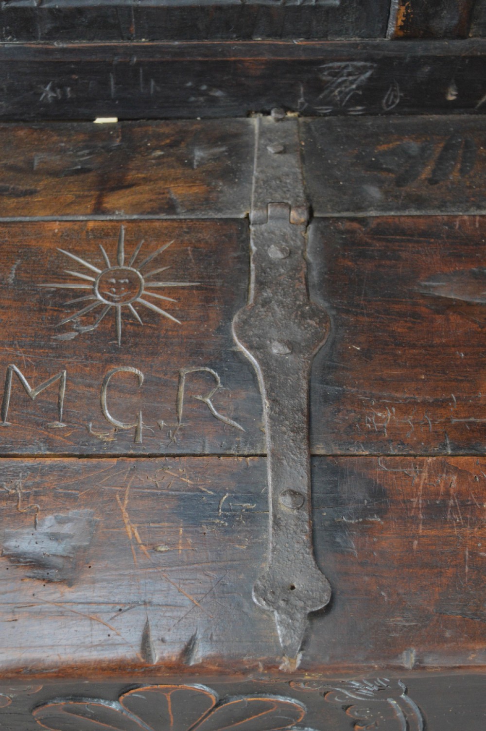 17th century carved oak marriage box settle  View X