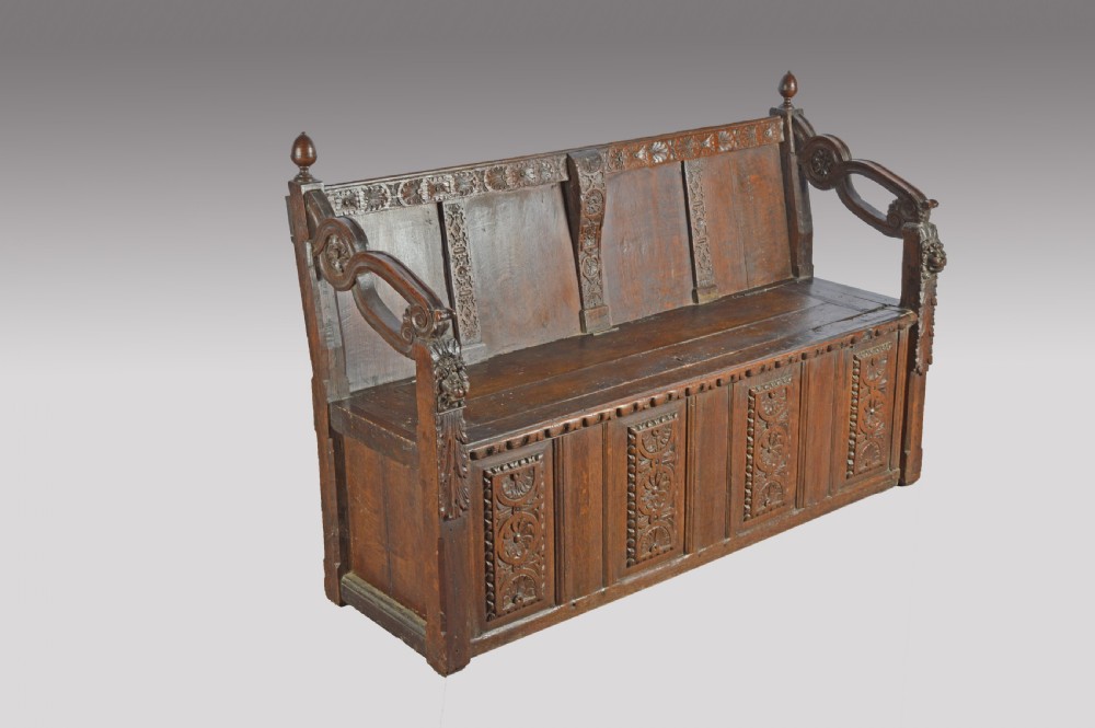 18th century carved oak box settle  View II