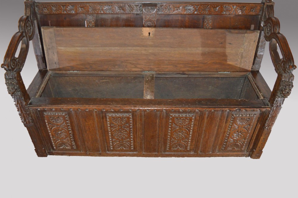 18th century carved oak box settle  View III