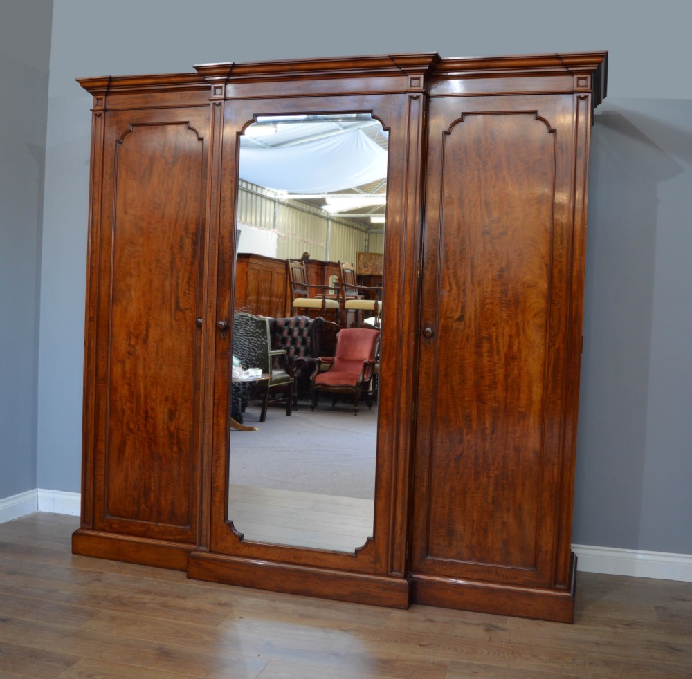 Gillow Antique victorian mahogany breakfront triple wardrobe 