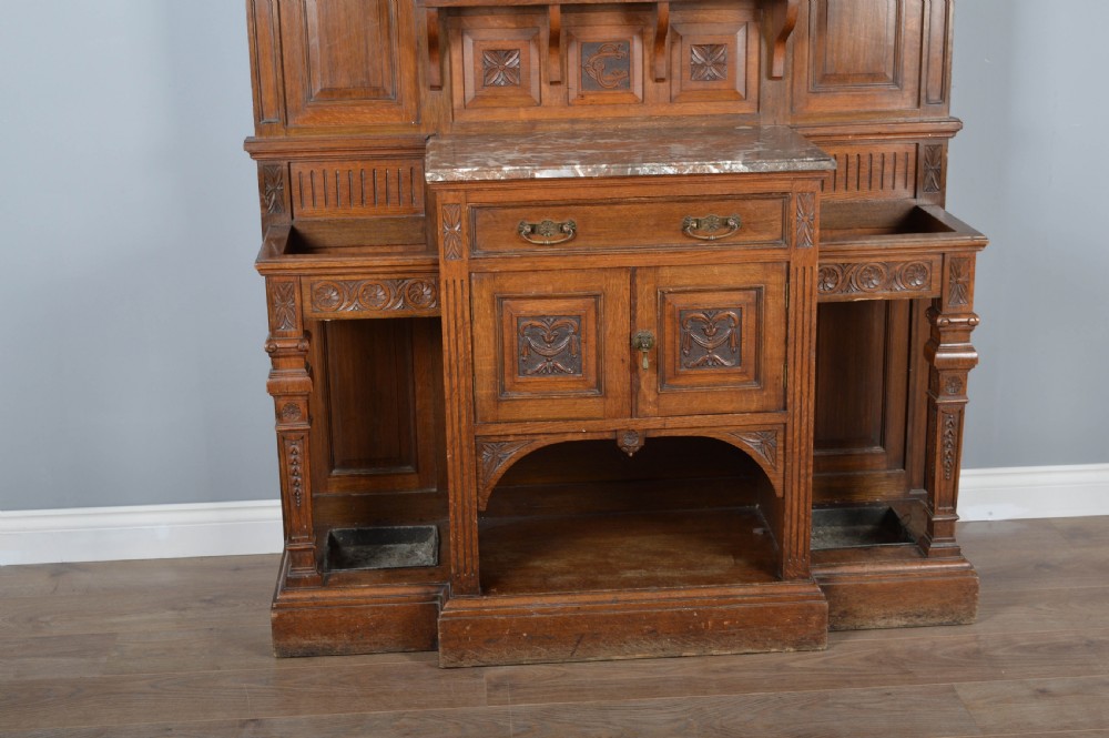 large Victorian carved oak marble top hall stand  View III