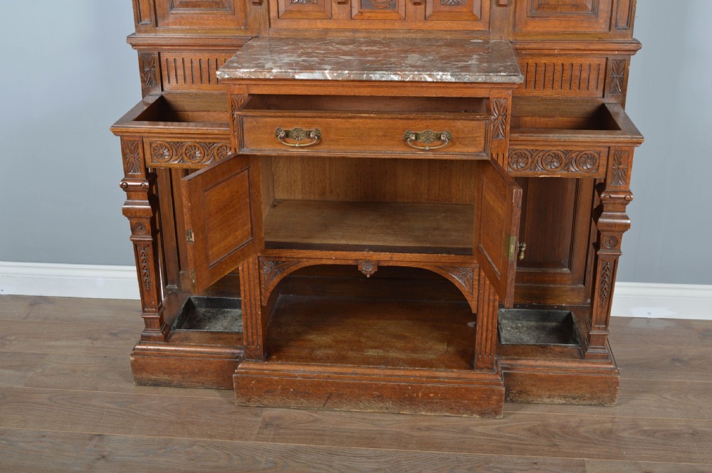large Victorian carved oak marble top hall stand  View IV