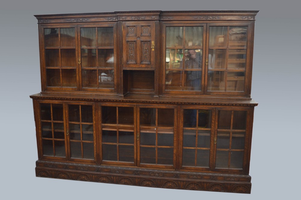 large ten door carved oak library bookcase 