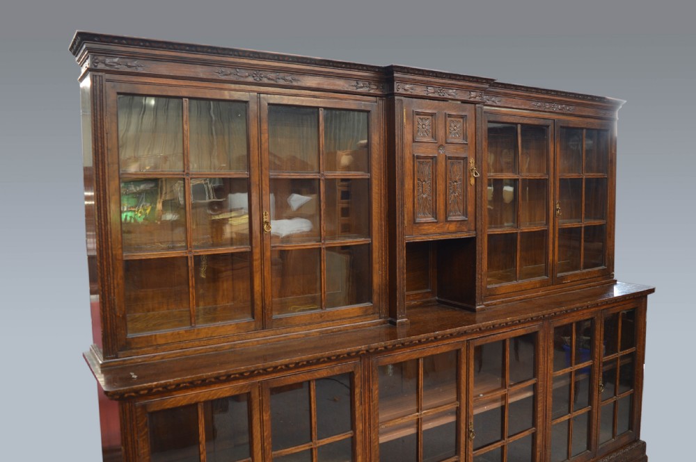 large ten door carved oak library bookcase  View II