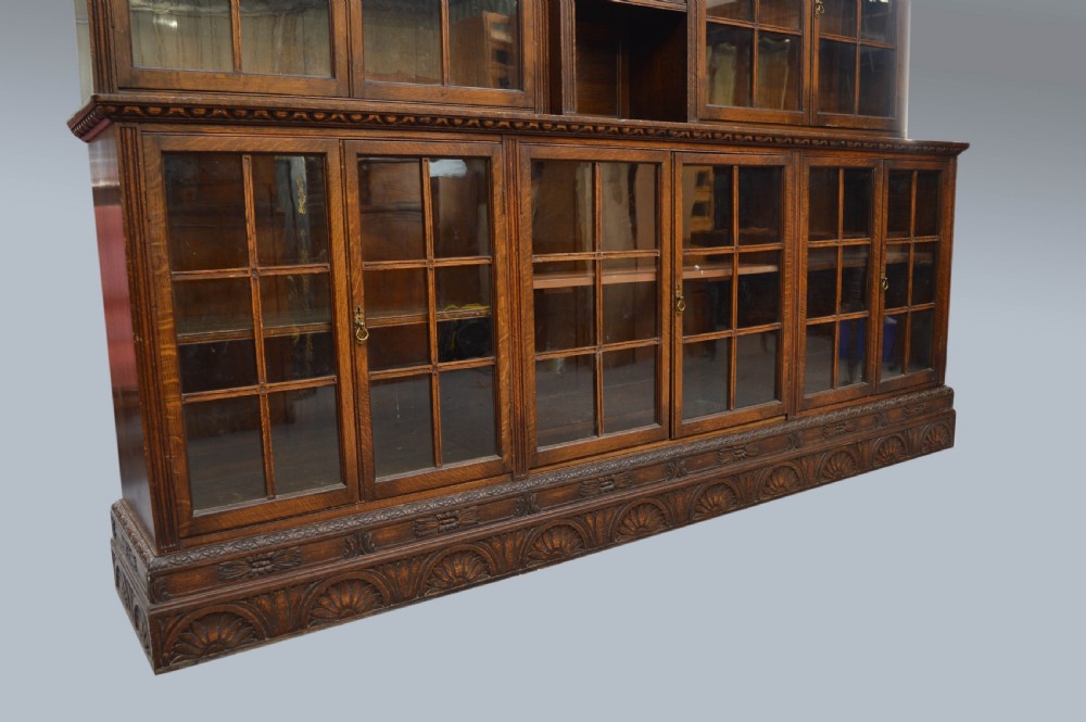 large ten door carved oak library bookcase  View III