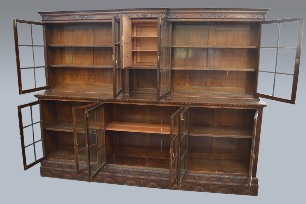 large ten door carved oak library bookcase  View IV