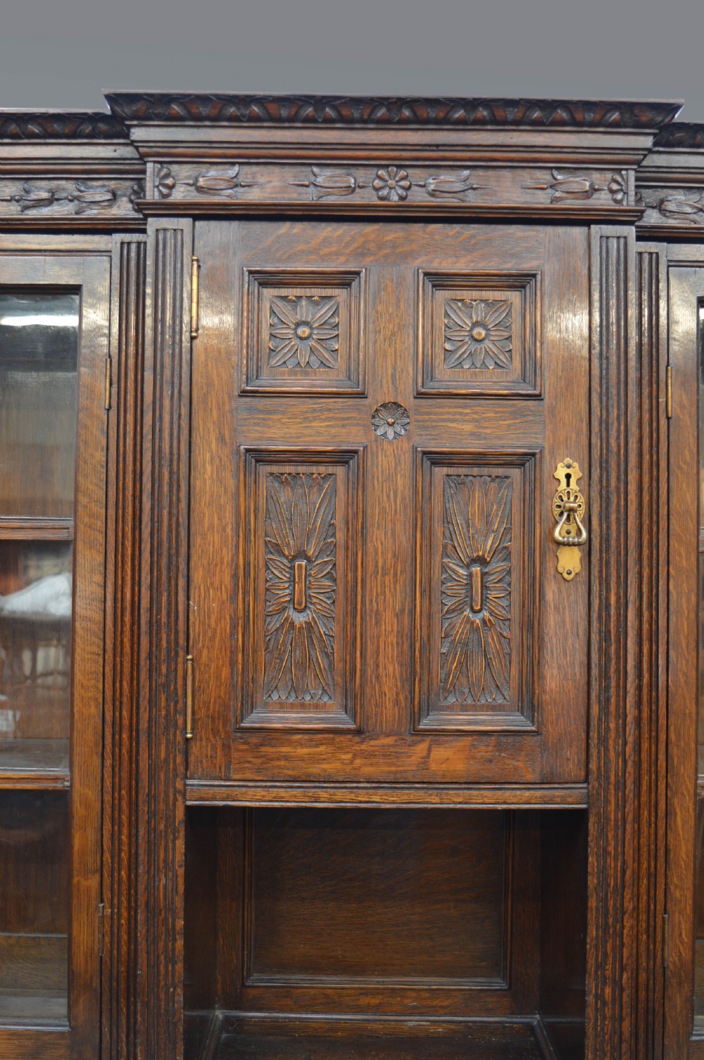 large ten door carved oak library bookcase  View VI