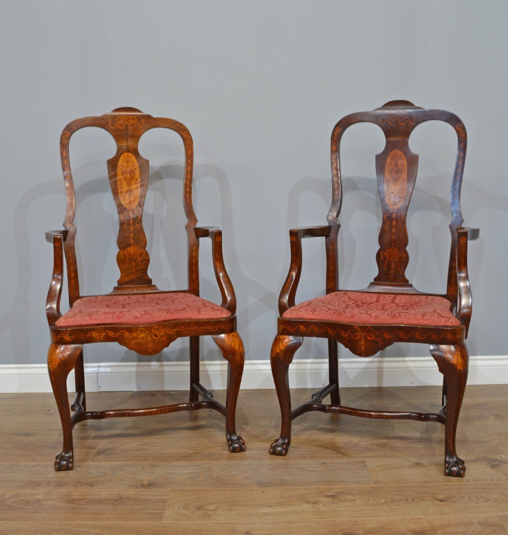 pair of Dutch inlaid open arm chairs 