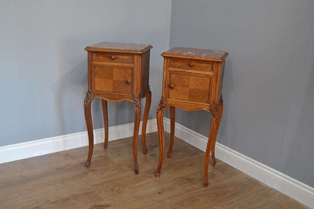 antique pair of French marble top bedside cabinets 