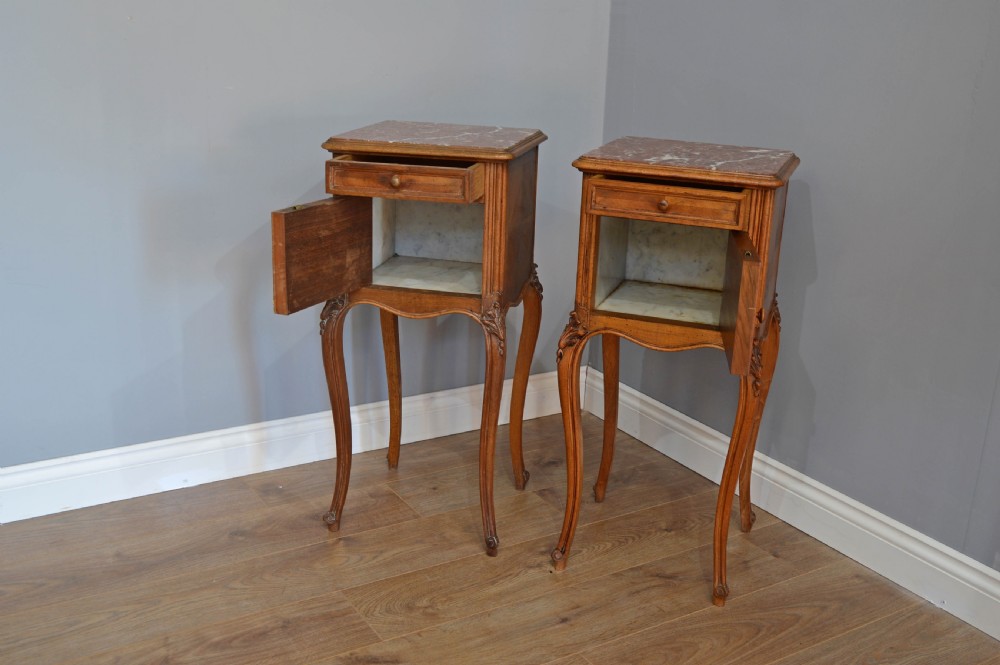 antique pair of French marble top bedside cabinets  View II