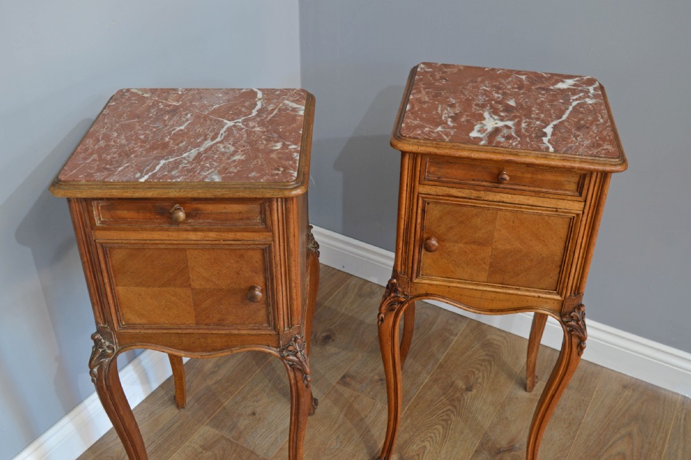 antique pair of French marble top bedside cabinets  View III