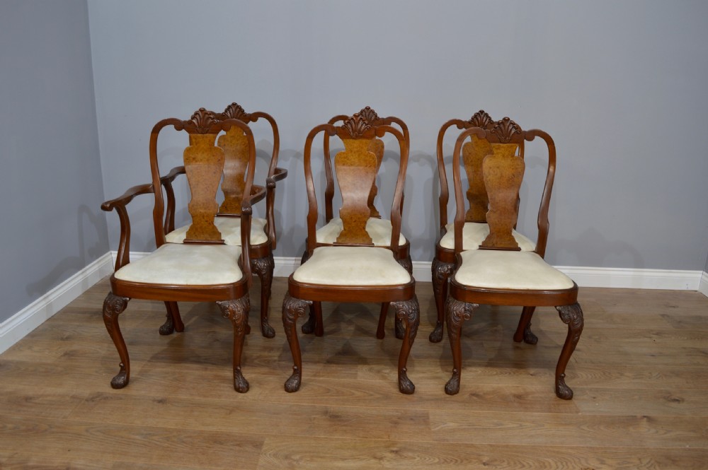 Walnut Queen Anne style dining table and six 6 chairs  View II
