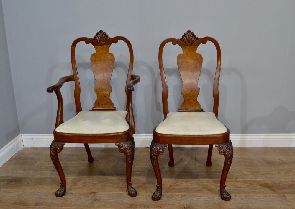 Walnut Queen Anne style dining table and six 6 chairs  View III