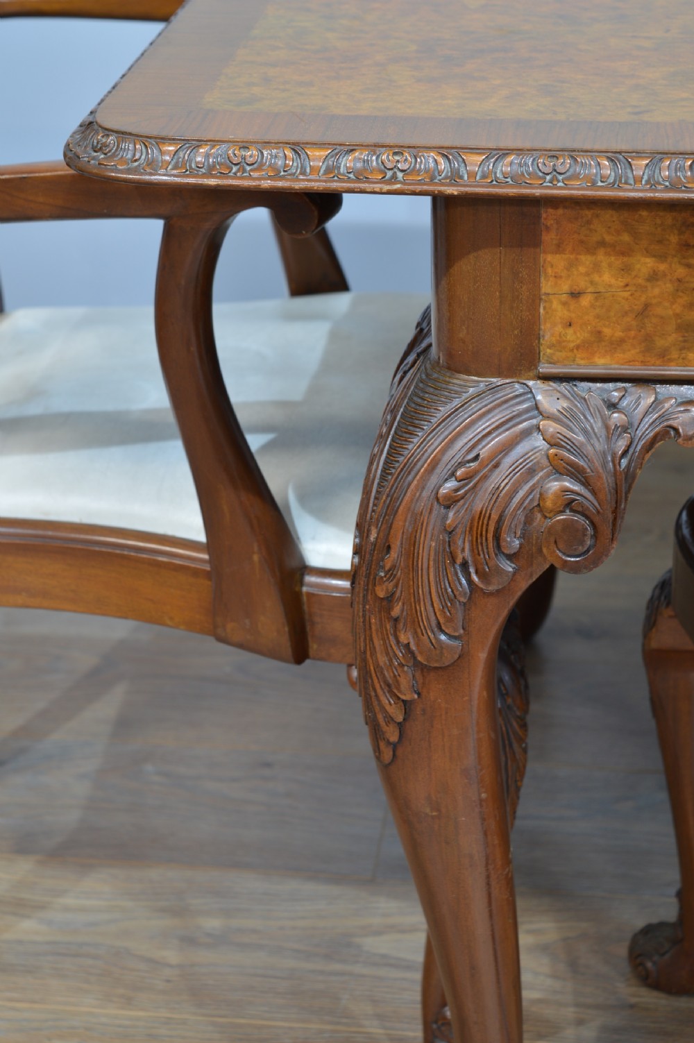 Walnut Queen Anne style dining table and six 6 chairs  View VI
