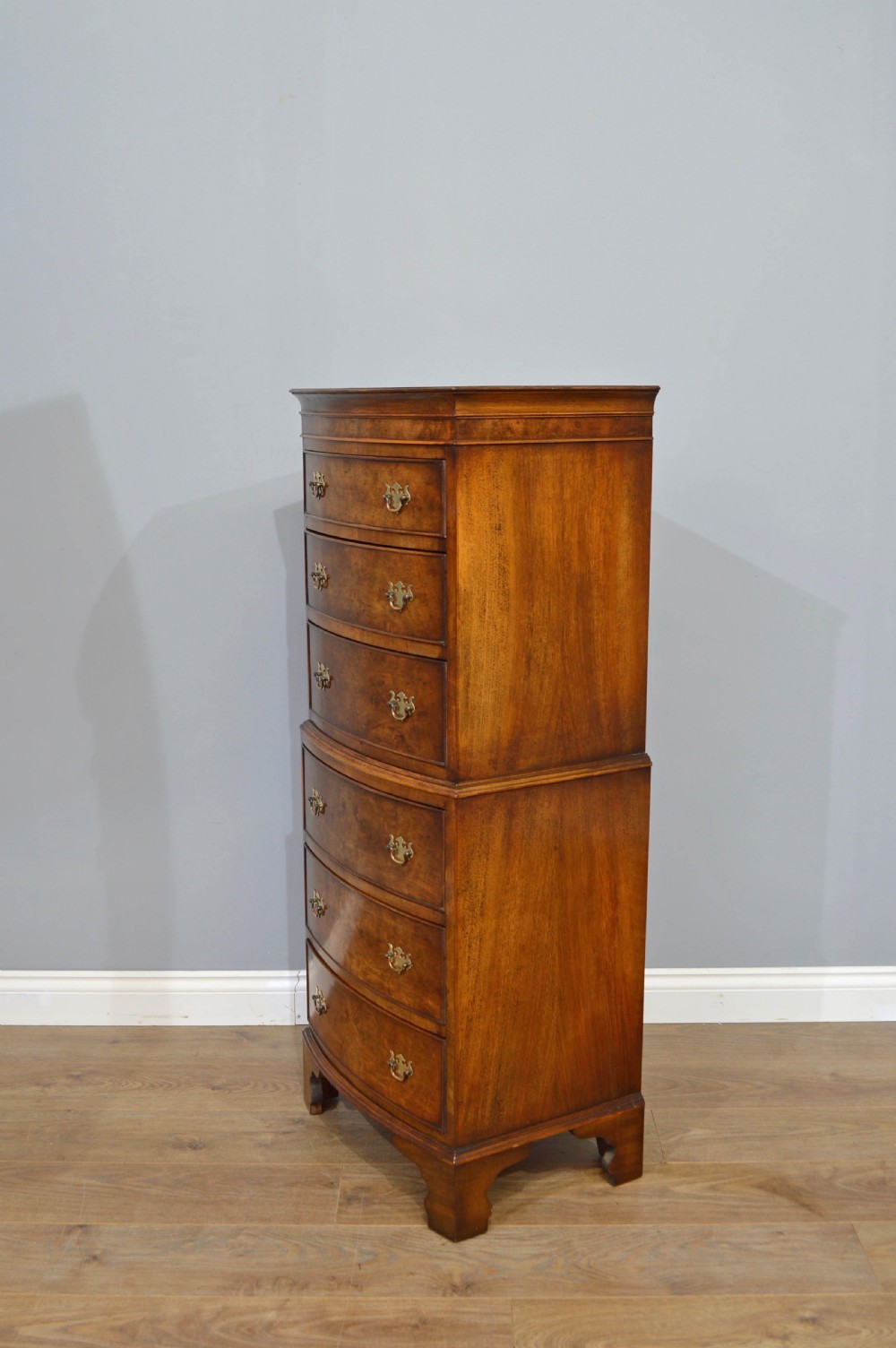 small walnut bow front chest on chest  View II