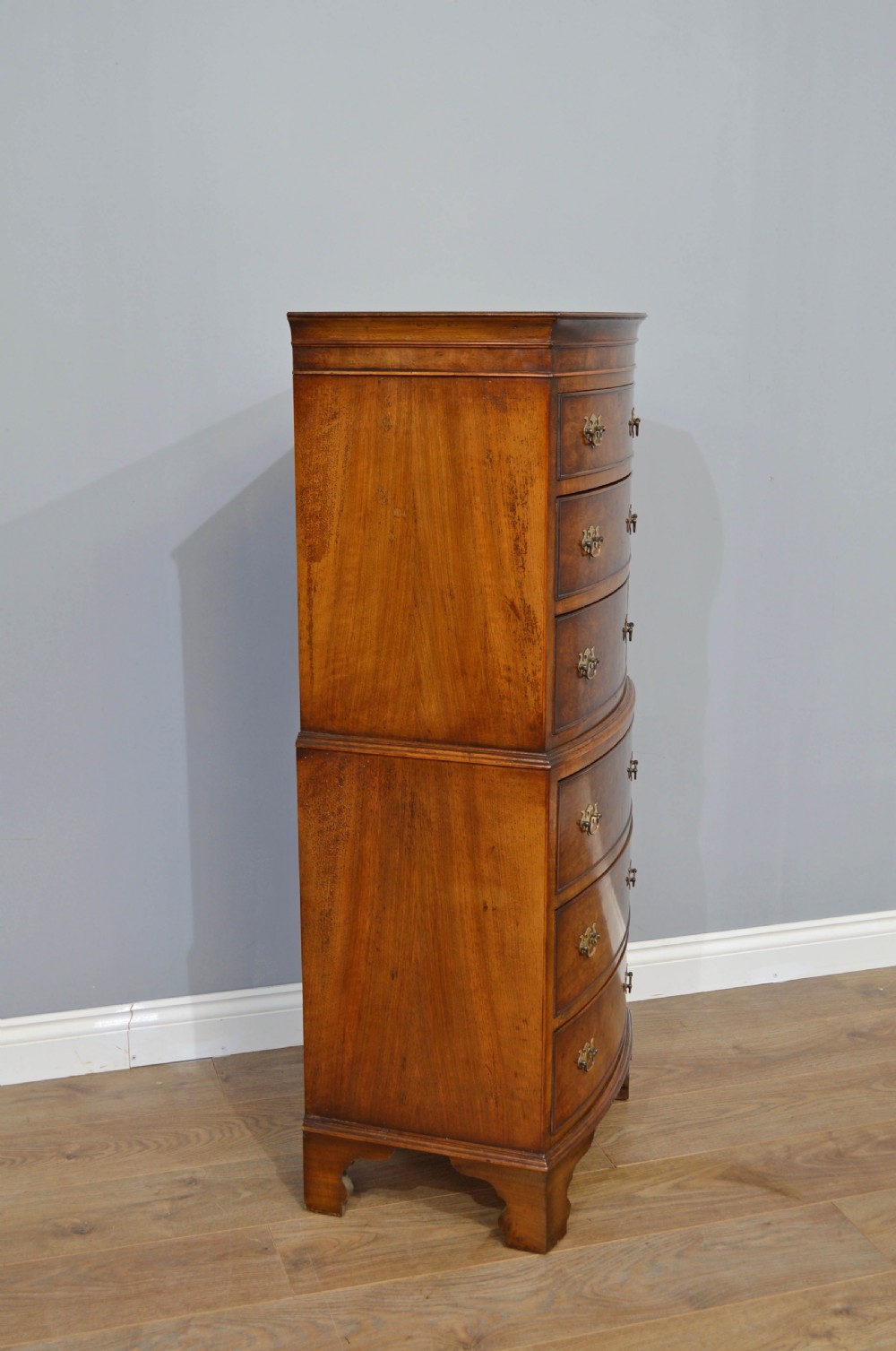 small walnut bow front chest on chest  View III