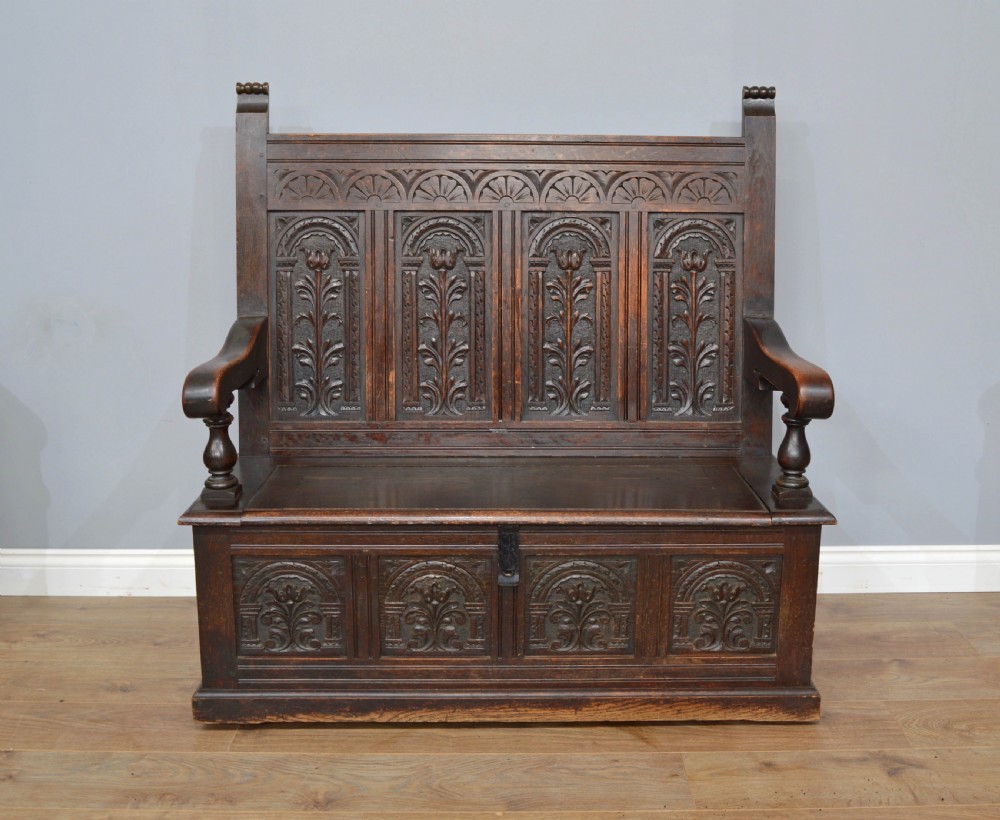Antique 19th century carved oak box settle monks bench 