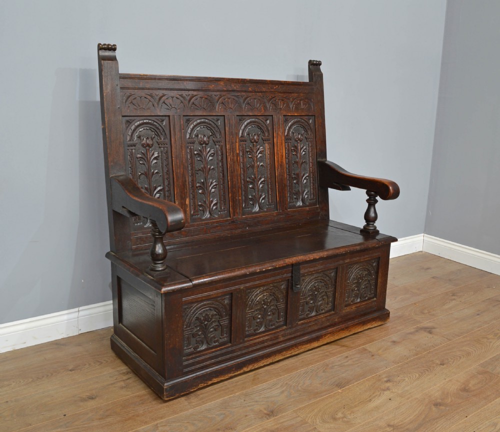 Antique 19th century carved oak box settle monks bench  View II