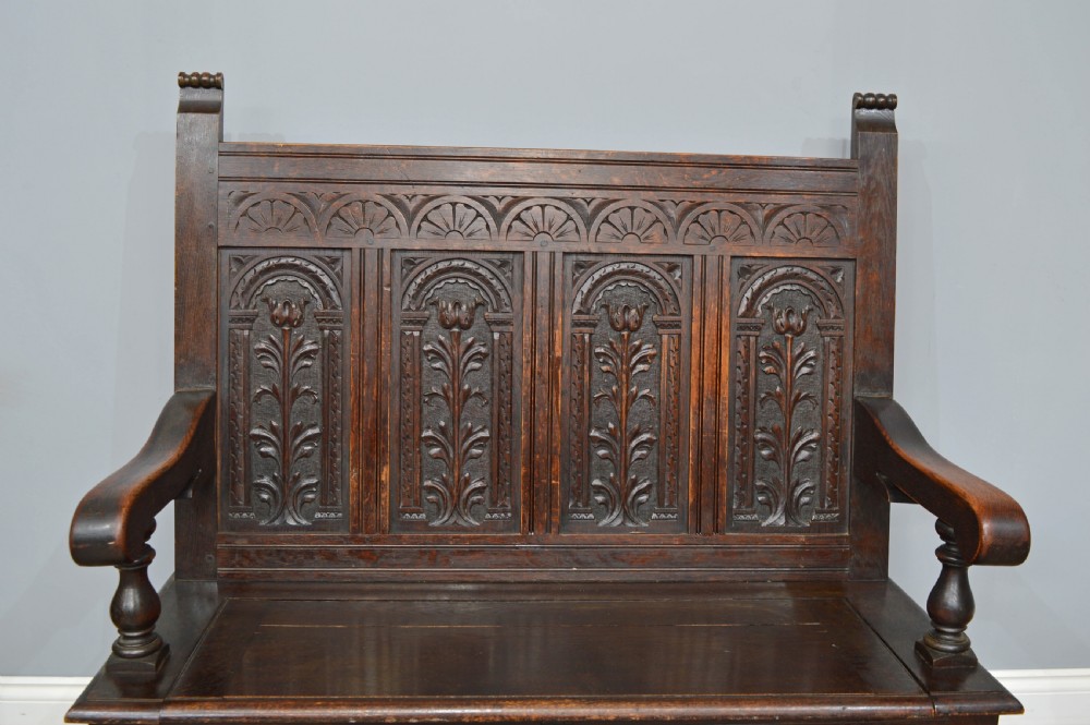 Antique 19th century carved oak box settle monks bench  View III