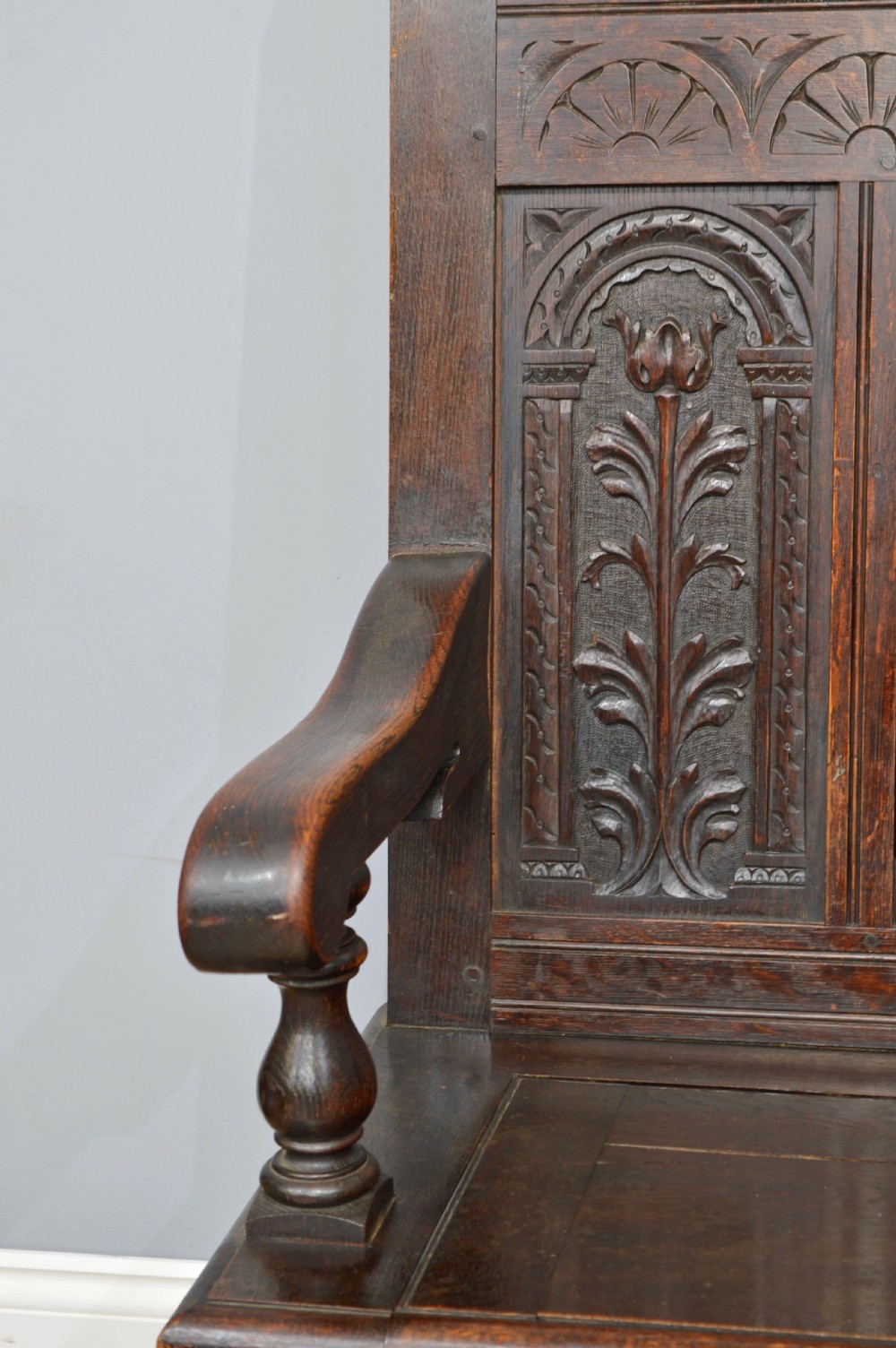 Antique 19th century carved oak box settle monks bench  View IV