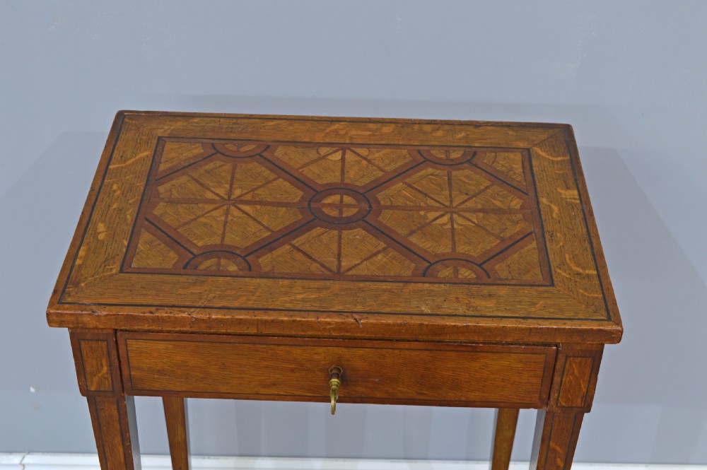 Antique oak parquetry top side table  View II