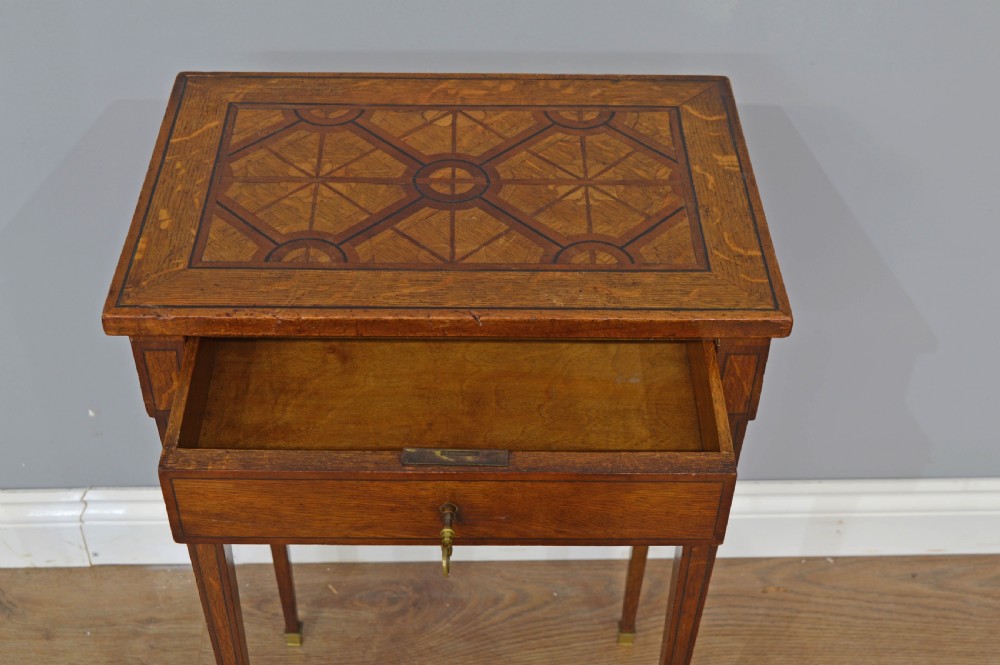 Antique oak parquetry top side table  View III