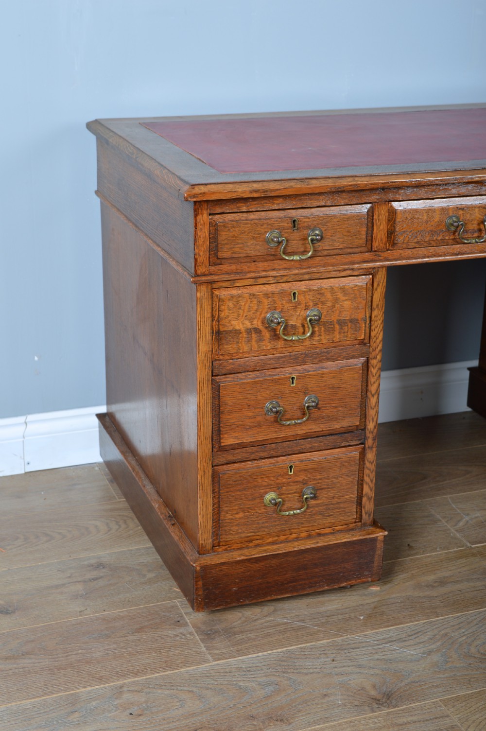 Edwardian oak pedestal desk  View II