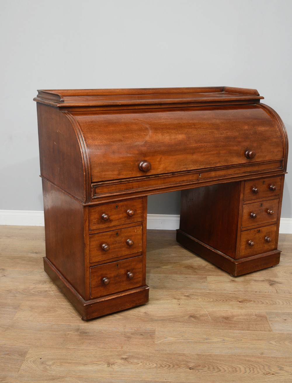 Victorian mahogany cylinder top pedestal desk  View II