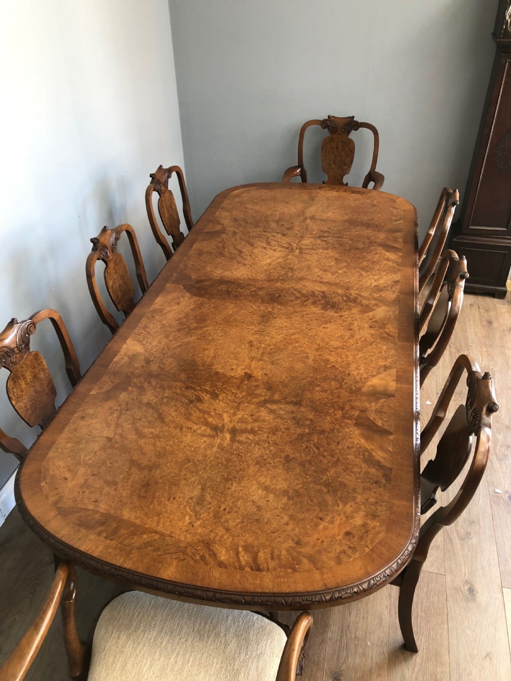 Walnut Queen Anne style dining table and 8 chairs  View II
