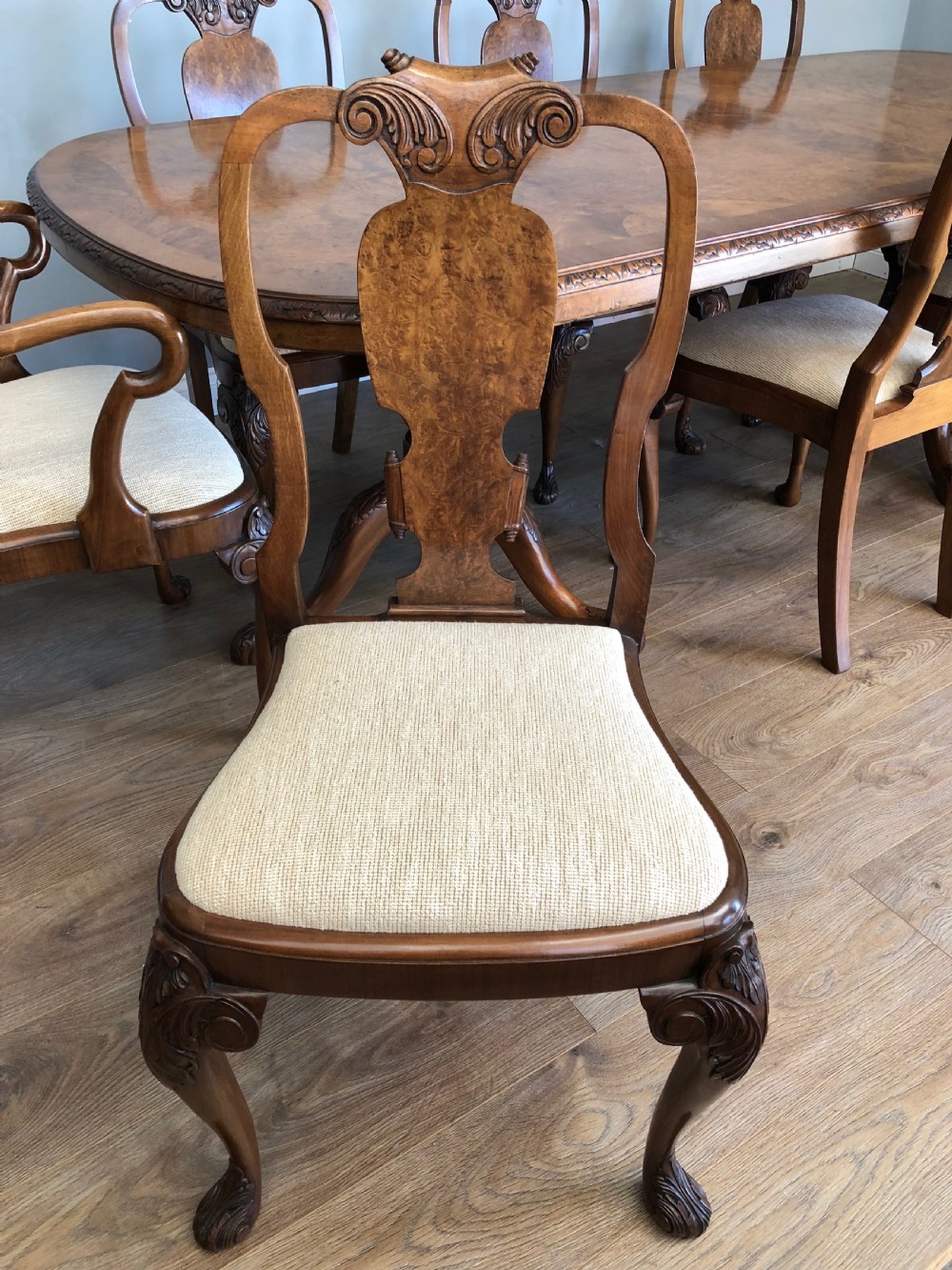 Walnut Queen Anne style dining table and 8 chairs  View III