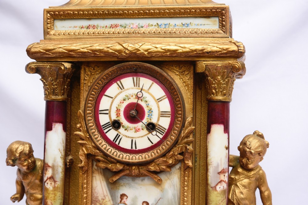French gilt and sevres porcelain mantle clock  View III