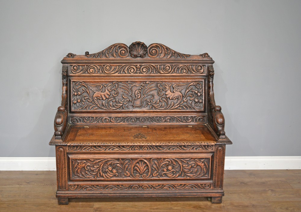 Antique carved oak box settle bench 