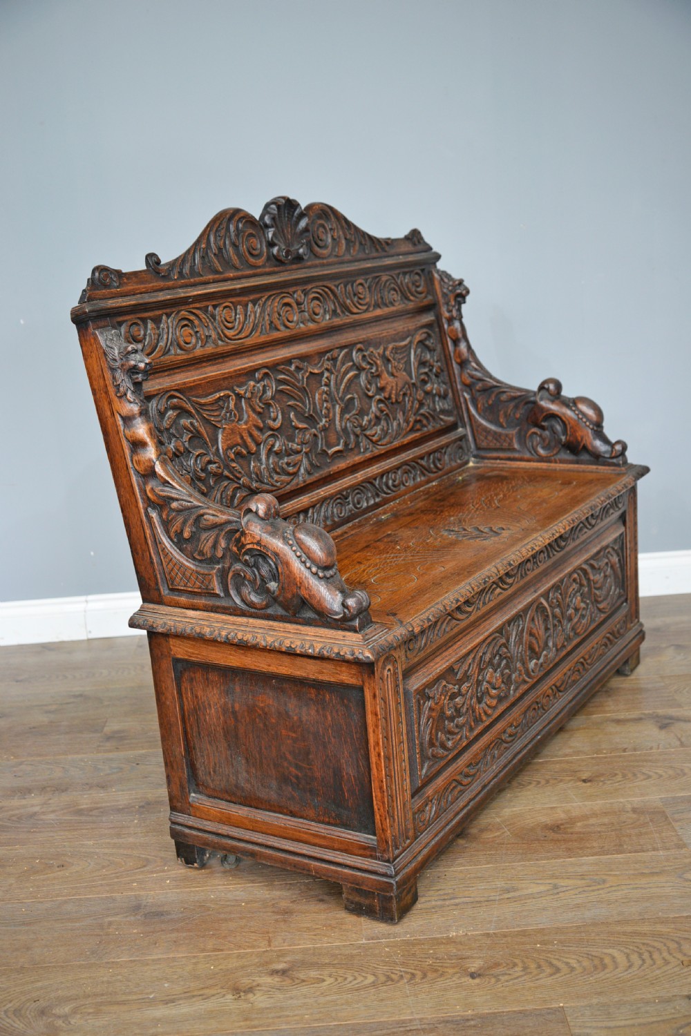 Antique carved oak box settle bench  View II