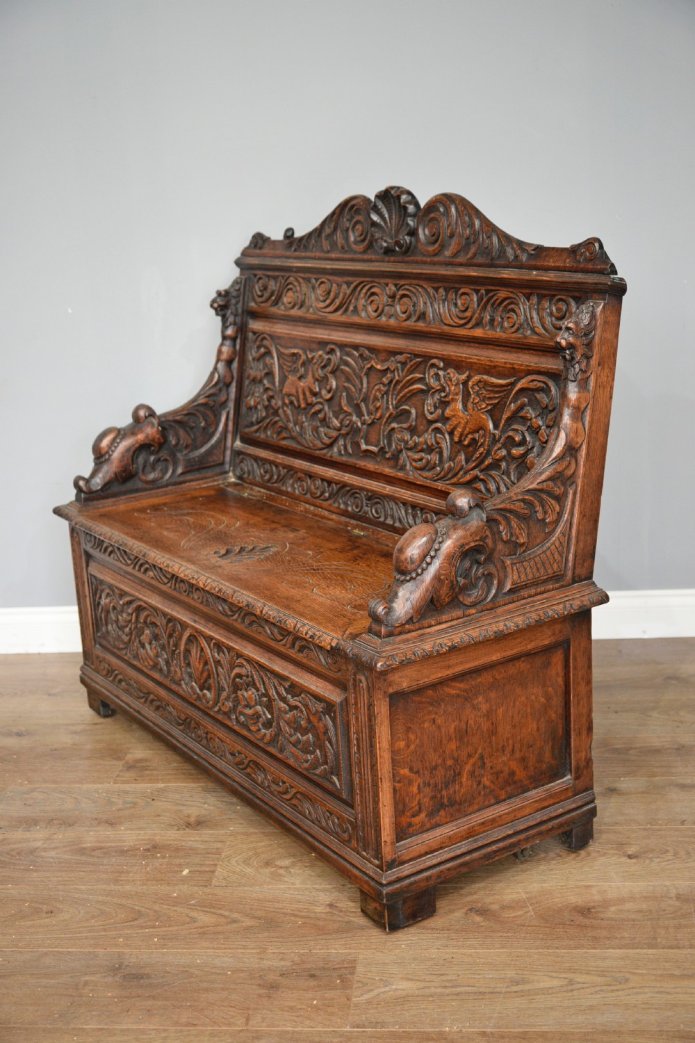 Antique carved oak box settle bench  View III