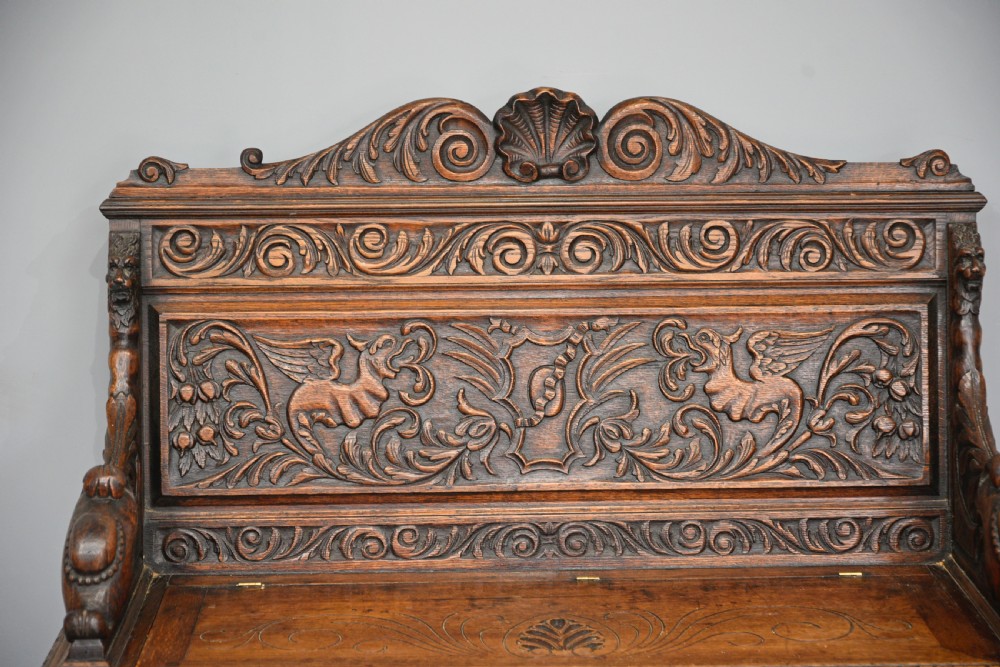 Antique carved oak box settle bench  View IV