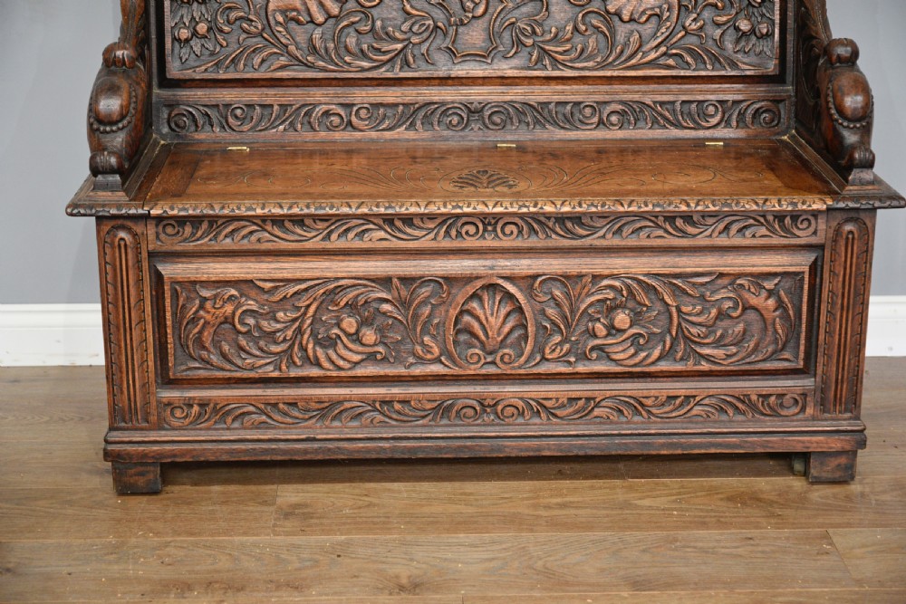 Antique carved oak box settle bench  View V