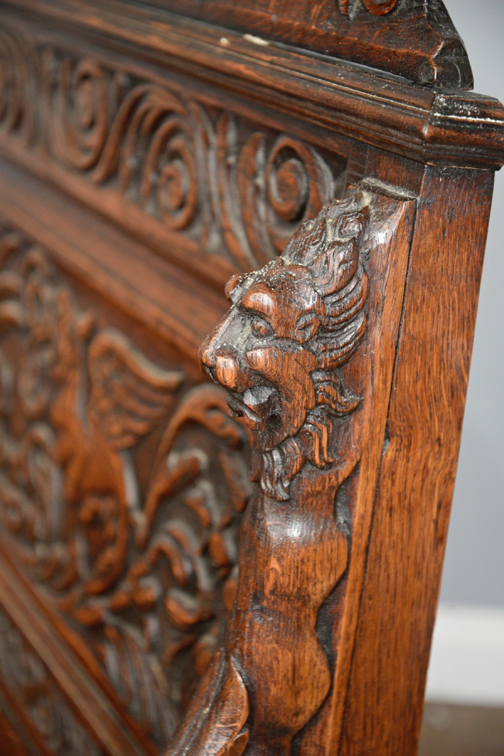 Antique carved oak box settle bench  View VI