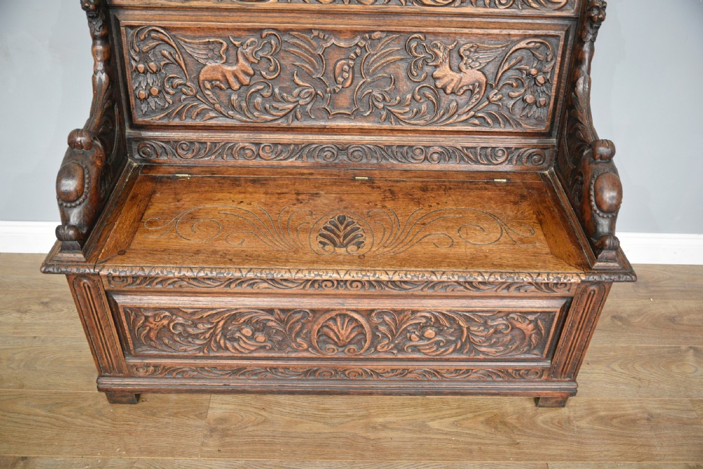 Antique carved oak box settle bench  View VII