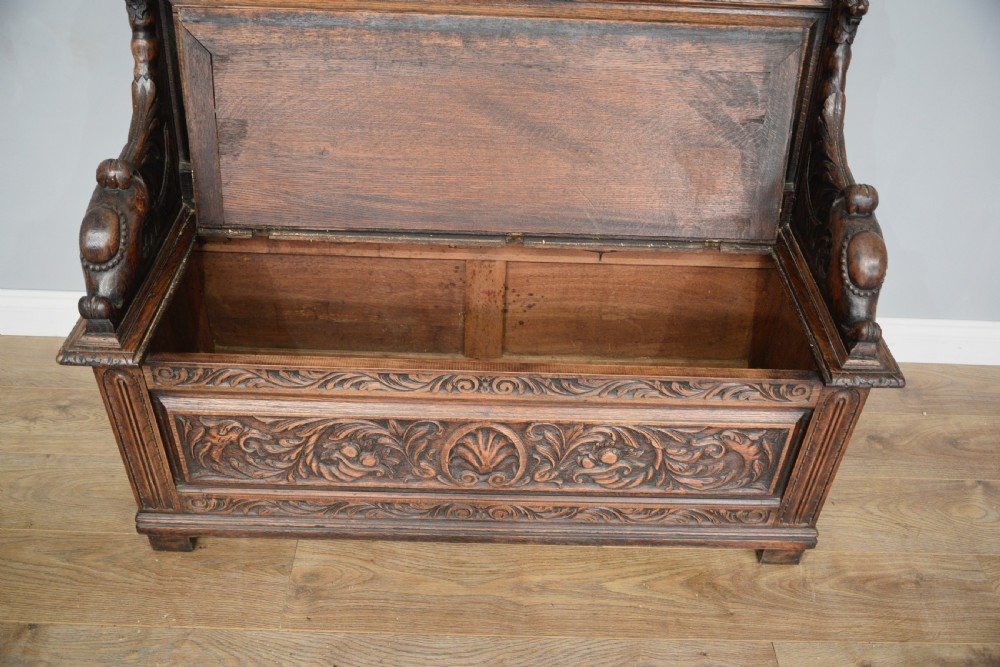 Antique carved oak box settle bench  View VIII